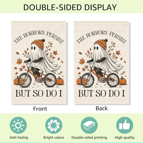RZHV The Horrors Persist But So Do I Double-Sided Garden Flag for Outdoor House Yard Sign Garden Decor Parade, Funny Autumn Ghost Social Justice Front Yard Flag, Halloween House Outdoor Decor Banner - color: Horrors F