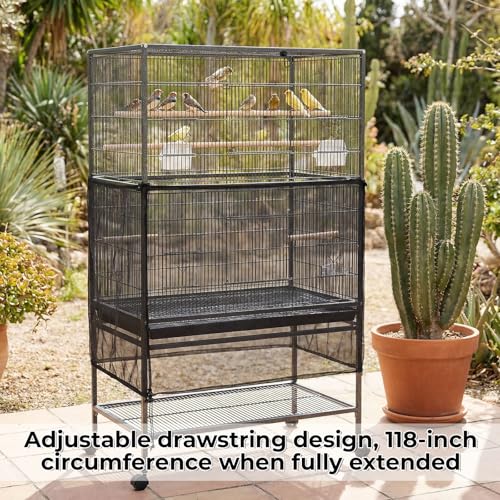 Large Bird Cage Cover Bird Cage Seed Catcher 118 x 31 Inches Adjustable Elastic Band Mesh Birdcage Cover Net Skirt for Parrot Parakeet Macaw African Cages (Black)