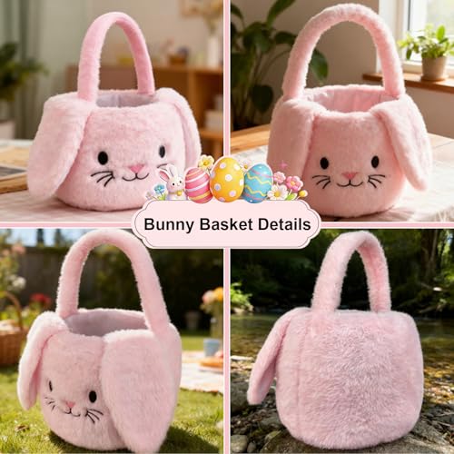 PRATIQUE Foldable Plush Easter Basket with Bunny Ears for Kids, Easter Egg Hunt Bucket with Handle, Cute Storage Bin for Candy, Toys & Gifts (Pink) - color: Pink