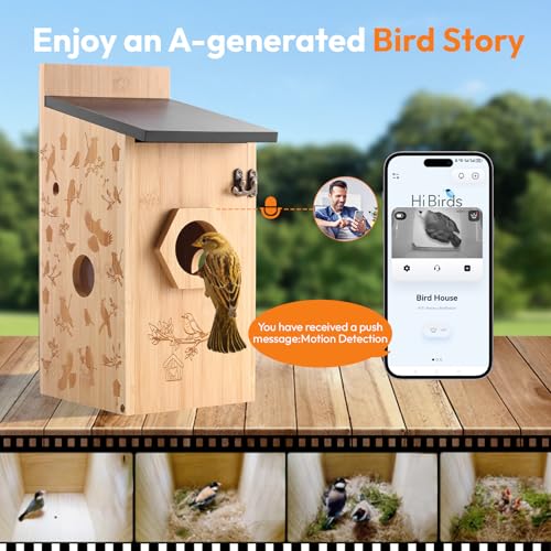 Smart Bird House with Camera – Bamboo Carving, AI Bird Recognition,IP66 Waterproof, Two-Way Audio, App Control,4MP Full-Color Night Vision,Solar-Powered,Cloud & SD Storage (Solar Birdhouse) - color: Woodland Oak, size: Solar Edition