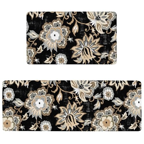Boho Floral Anti Fatigue Kitchen Rugs, 17.3"x47"+17.3"x29" | Non Slip Comfort Washable Waterproof Black Paisley Farmhouse Bohemian Decor Mat for Floor, Set of 2 for Home, Sink, Laundry - color: Black Paisley Floral