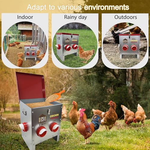 XINYI 7.1 Gallon Auto Chicken Feeder, 6 Ports Galvanized Chicken Feeder,Large Chicken Food Container No Waste & Rodent Proof Chicken Food Dispenser System, Weatherproof Duck Feeder - size: 6 ports