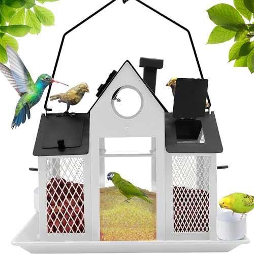 Solar Bird Feeders House for Outside Hanging, Metal Wild Bird Feeder for Outdoors Large Capacity Cardinal Birdfeeder Birdhouses Metal Bird Feeding Station White - color: white