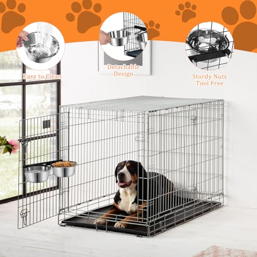 Dog Crate Water Bowl No Spill, ShineMe Dog Food and Water Bowl Set Mountable, Hanging Feeding Bowls for Dogs Cage - 28oz Crate Bowls for Small & Medium Dogs, Cats, Pets - color: 2 in 1 Silver (28oz+28oz)