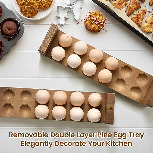 Sishynio Double Layer Egg Tray Holder Countertop, Wooden Fresh Egg Rack | Stackable Storage Basket; 2 Tier Egg Organizer for Farmhouse Kitchen, Refrigerator; Fresh Eggs, Dark Woodgrain, Pegs, Rustic - style: 2 tier pine egg tray