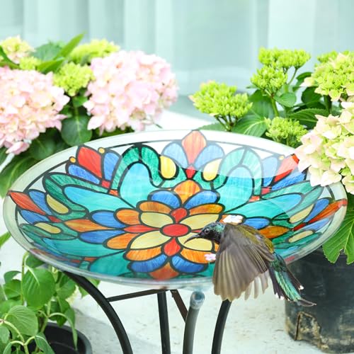Glass Bird Bath with Metal Stand, Outdoor Bird Feeder Garden Decor | Glass Large Bird Baths Bowl with Metal Stand for Outdoors, Symmetrical Patterns Bird Feeder for Outside Garden, Patio Decor - color: kaleidoscope