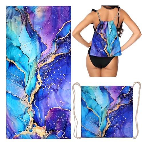 Purple Marble Beach Towel - Microfiber Beach Blanket Backpack for Travel Adult Camping Holiday 63"x31.5" - color: Abstraction Marble Purple