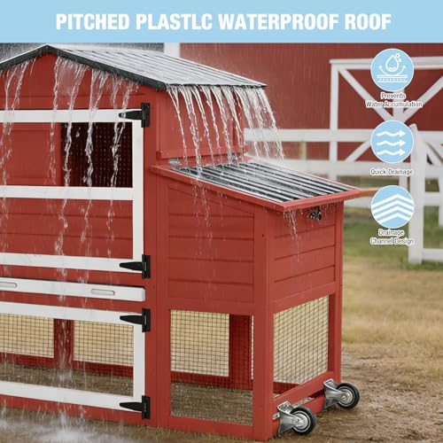 Large Chicken Coop with Run, 80.5’’ Chicken Tractor with Wheels, Wooden Hen House Poultry Cage with Plastic Waterproof Roof and Nesting Box, Leakproof Pull-Out Tray (Red) - color: Red, size: 80.5"L x 21.2"W x 42.5"H