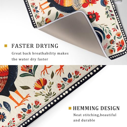 Rooster Poultry Dish Drying Mat for Kitchen Counter 18x24 Inch Microfiber Absorbent Colorful Printing Drying Pad - color: Chicken Art White, size: 24" x 18"