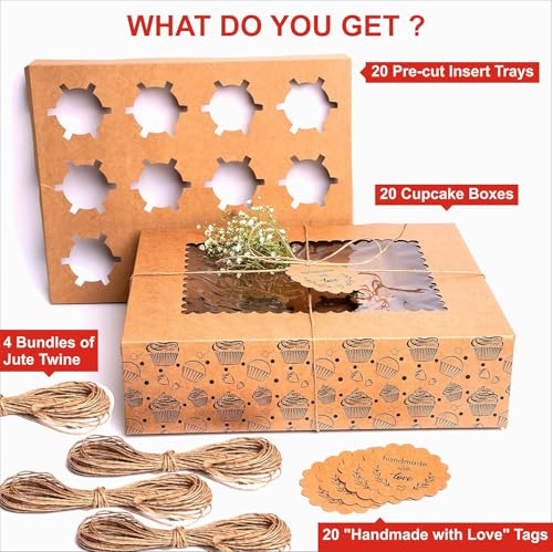 20-Pack Cupcake Boxes Bulk, Cupcake Holder with Lid, Disposable Cupcake Containers,Food Grade Kraft Bakery Boxes with Window to Fit 12 Cupcakes, Cookies,Muffins,Pastry, Long Treats