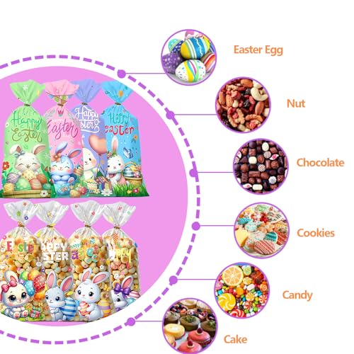 CUUSNNY Easter Candy Bags 100 Pcs with 120 Gold Twist Ties,Plastic Cellophane Treat Bags for Kids Easter Egg Hunt, Party Favors & Gift Packaging,Holiday Goodie Bag Supplies (Colorful Design) - color: 100Pcs Easter Cellophane Bags