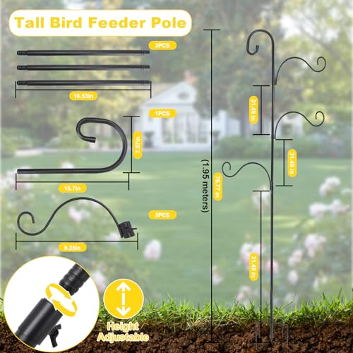 Bird Feeder Pole Heavy Duty 76" Adjustable Shepherd Hook, 5-Prong Ground Stake Rustproof Outdoor Garden Stand for Plants Hummingbird Feeder Lantern Wind Chime - No Digging