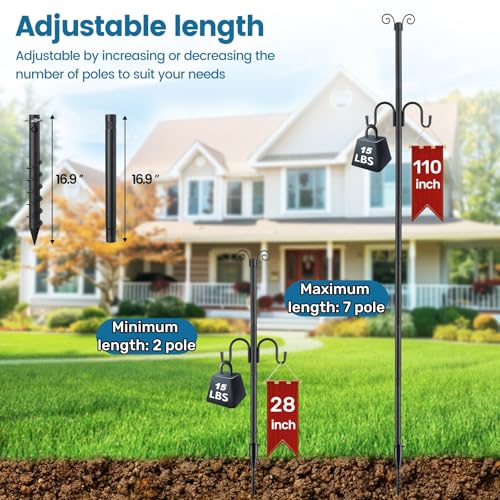 Shepherds Hooks for Outdoor,113 inch 4 Hooks Heavy Duty Adjustable Bird Feeder Pole for Hanging Plant Baskets, Lantern, Hummingbird Feeder Garden Plant, Hanging Wedding Decor,Wind Chimes - size: 9 FT