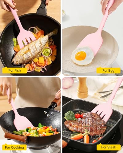 Pack of 2 Silicone Spatula Turners, Non Stick Slotted Kitchen Spatula Set, Heat Resistant BPA Free Kitchen Utensils, One-Piece Design, Suitable for Flipping Fish, Eggs, Steak, Pancakes (PINK) - color: Pink