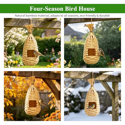 GUTE Bamboo Hanging Bird Nest 3Pcs Hand Woven Outdoor Wrens Finches | Handwoven Bamboo,Natural Golden Tan Color,Lightweight with Hanging Loop,Rustic Garden Decor,Ages Outdoors,Natural Fiber