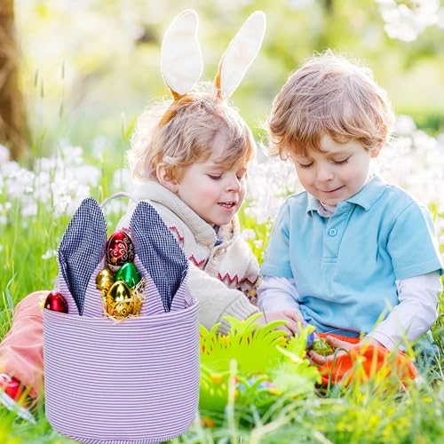 Easter Basket Seersucker Egg Hunt Bunny Baskets for Kids with Cute Rabbit Ears Stripe Storage Gifts Candies Personalized Easter Party Gifts.…… - color: Bspurple0