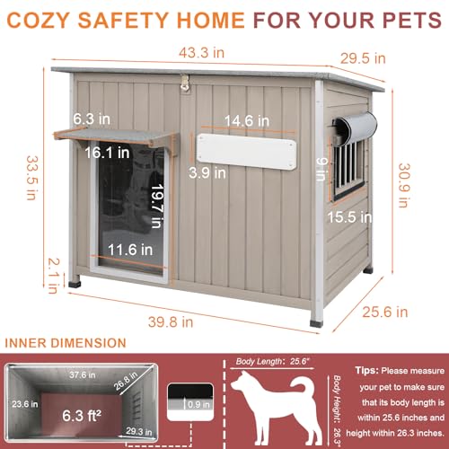 Outdoor Dog House Weatherproof, Wooden Puppy Shelter with Anti-Chewing Iron Frame and Elevated Floor, Sturdy Dog Kennel for Small, Medium & Large Dogs (Gray, 40" L x 26" W x 31" H) - size: 40" L x 26" W x 31" H
