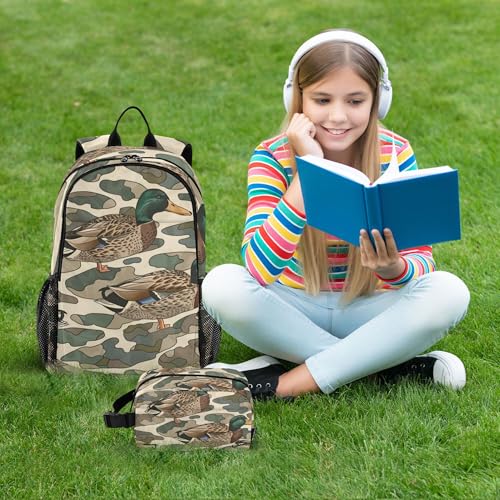 Duck Camo Camouflage Backpack with Lunch Bag for Boys Girls, Travel School Backpack Set - color: Brown and Green