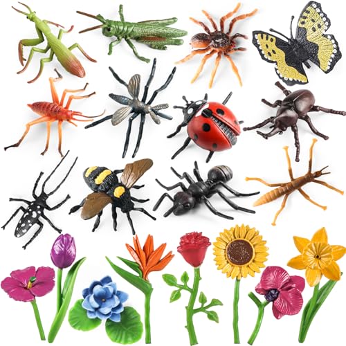 20Pcs Realistic Insect Toys Set with Flower and Bug Figures for Kid | Fake Bug Toys, Ideal for Halloween, Birthday Party Favors, Cupcake Topper, Education, April Fool's Day Prank Gifts, Non-toxic - style: Insect