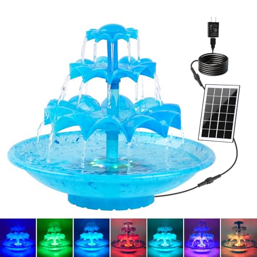 Yeomi 3-Tier Solar Fountain Pump with LED Lights, 24H Outdoor Water Feature, Detachable Design, Multi-Function Bird Bath Water Fountain for Garden Patio Yard Backyard Pond, 3.5W - color: Blue