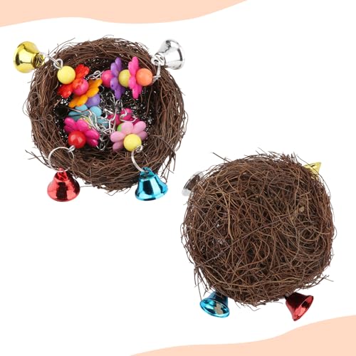 Hypeety Natural Rattan Nest Bird Swing Toy Colorful Flowers Bells for Budgie Parakeet Finch Lovebird Cockatiel (C) - color: C