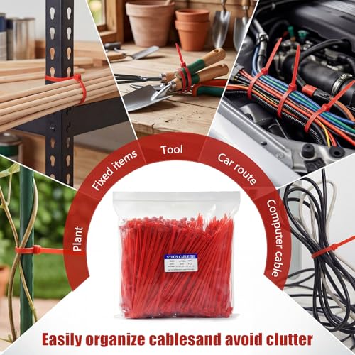 Zip Ties, 500pcs Red Zip Ties 8 Inch, Plastic Ties Small Zipties Cable Tie Wraps, Multi-Purpose Cable Management Ties, Self-Locking Ziptie for Office and Home(Can bear 30lb) - color: Red, size: 8" (500 Pack)