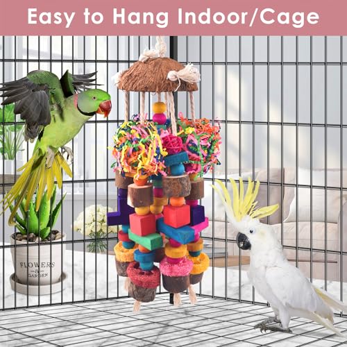 KATUMO Parrot Toys, Large Bird Chew Toys Medium Parrot Cage Accessory Colorful Wood Block Toys for Medium to Large Birds Macaws African Greys Cockatoos Amazon Parrots - style: Shredded paper