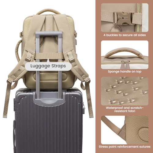 LOVEVOOK Travel Backpack for Women Men, 40L Carry On Backpack with 3 Packing Cubes,TSA Personal Item Travel Bag Airline Approved, Water Resistant Weekender Overnight Luggage Daypack - color: H-hkaki-beige-brown, size: Large - 17.3 Inch - 40L - 3 Pcs