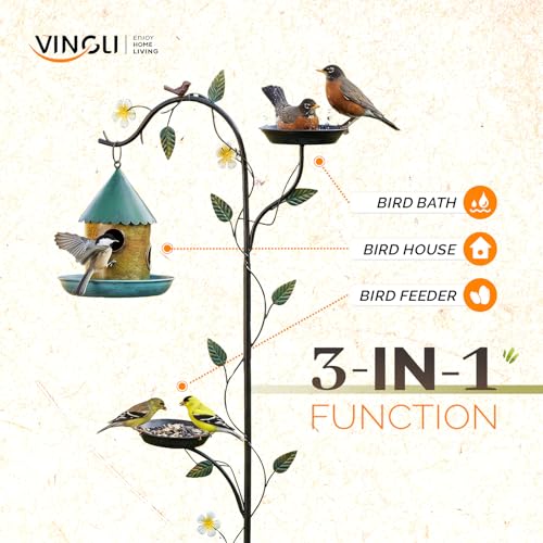 VINGLI 74.8" H Metal Bird Bath with Bird House, Outdoor Bird Bath with Stakes, 3-in-1 Bird Feeder for Patio, Garden, Yard, Lawn (Hanging Bird House)