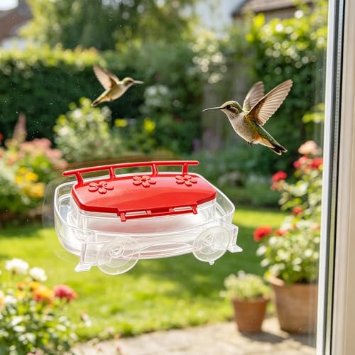 Window Hummingbird Feeder 2 Pack, Plastic Bird Feeding Tray with 3 Feeding Ports & Suction Cup Mount, Easy to Clean & Refill, Great Gift for Bird Watchers, 8-Ounce