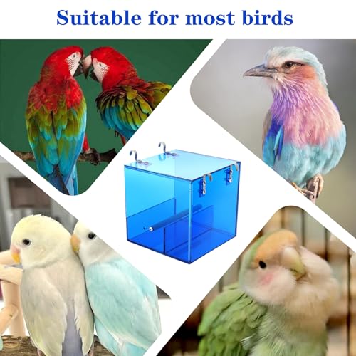 Automatic Bird Feeder Residue-Free Bird Cage Pet Feeder Seed & Pellet Container for Long-Tailed Parrots, Budgerigars, Canaries, Cockatiels, Lovebirds Acrylic Material Blue 6.3 x 6.3 x 6.3 Inches - size: 6.3x 6.3 x 6.3inch