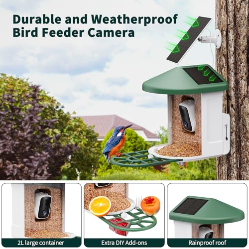 Smart Bird Feeder with Camera - AI Identify Birds Species, Solar Powered Bird House with Cam, 2L Large Capacity, 2K HD Video Live Stream, Instant Arrival Alerts - Green - color: Green