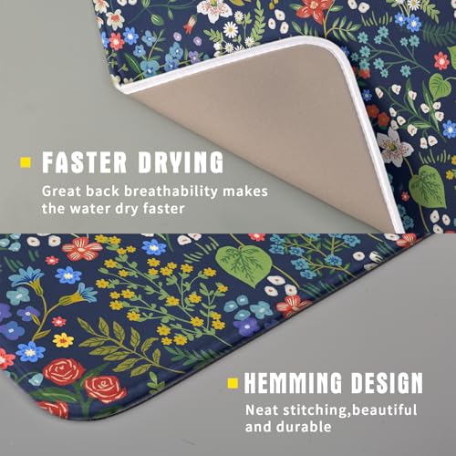 Flower Floral Dish Drying Mat Microfiber Navy Blue Absorbent Drying Pad for Kitchen Counter Small - color: Colored Flower, size: 18" x 16"