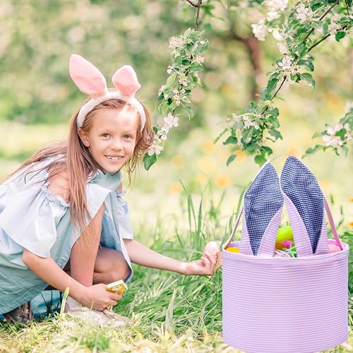 Easter Basket Seersucker Egg Hunt Bunny Baskets for Kids with Cute Rabbit Ears Stripe Storage Gifts Candies Personalized Easter Party Gifts… - color: seersuck2022pink