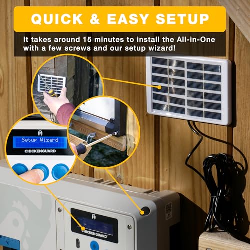 ChickenGuard AIO Complete Automatic Chicken Coop Door Plus Solar Kit | Solar-powered automatic chicken door opener with timer/light sensor, anti-pinch, weather-resistant anti-lift aluminum door