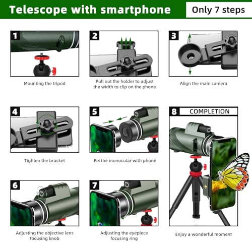 40X60 High Power Monocular Telescope with Tripod & Phone Adapter, HD Low Light Vision for Adults, Perfect for Wildlife Watching, Hiking, Camping and Sporting Events - color: Green 40
