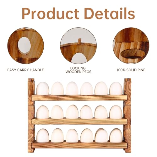 Wooden Egg Holder, 3 Tier 36 Egg Capacity, Farmhouse Egg Holder for Countertop, Stackable Egg Storage Rack for Fresh Eggs, Rustic Wooden Egg Organizer with Handles for Kitchen Counter