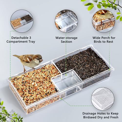 Gbekery Window Bird Feeder for Viewing with Suction Cups & Detachable Tray | Clear Acrylic Window-Mounted Feeder, Removable Separate Seed & Water Tray with Drainage Holes, Ideal Gift for Bird Watchers
