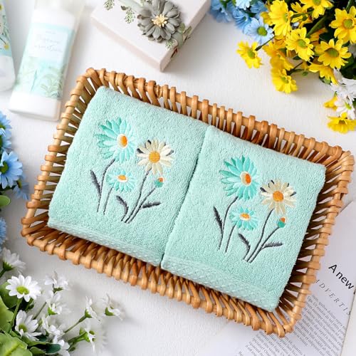 SmoothNovelty 2 Pcs Daisy Hand Towels Teal Bathroom Decor 14x29 Inch | Embroidered Flower Bathroom Hand Towels, 100% Cotton, Soft Absorbent, Spring Summer Bathroom Kitchen Decor - style: Daisy Flower