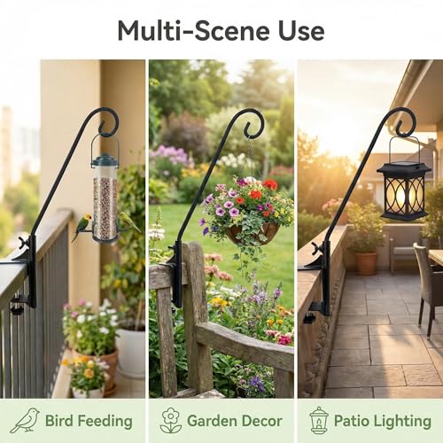 Heavy Duty Deck Hook,360 ° Rotating Design,Pole 15”Long Metal Deck Railing Hooks for Hanging Bird Feeders,Planters,Suet Baskets,Lanterns,Wind Chimes,Clamp Mounted,Only Deck Hook