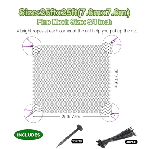 OGORI 25' x 25' Bird Netting Heavy Duty Nylon 3/4" Mesh Garden Netting Protect Fruit Trees, Plants and Vegetables - size: 25'×25'-3/4''