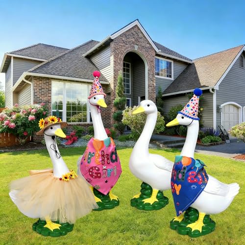 Porch Resin Goose Statue Garden Decor,Geese Figurine Outdoor Decorative | Happy Birthday Party Duck Sculpture Costume Clothing for Garden Lawn Patio Entryway Accent,Yard Art Decoration(Pink) - style: girl birthday goose