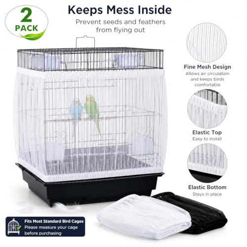 RAINFLOW 2 Pack Bird Cage Seed Catcher - Adjustable Bird Cage Skirt | Black & White, Fits 55-100 in Circumference, 16 in High, Breathable Seed Guard for Parrot, Parakeet and Cockatiel Cages