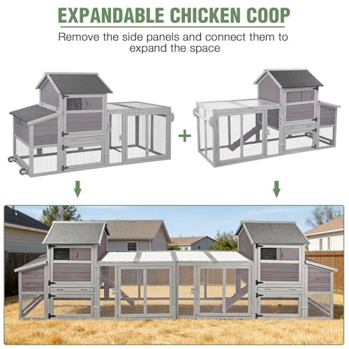 Mobile Chicken Coop with Wheels for 4-6 Chickens, Large Outdoor Hen House with Run, Weatherproof Asphalt Roof, Sectionable Nesting Box, Pull-Out Tray, 78" L x 27.6" W x 45" H - Grey - size: 78.0"L x 27.6"W x 45.0"H