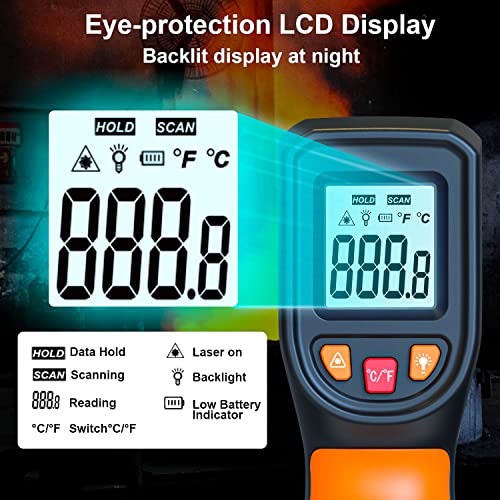 Laser Infrared Thermometer Non-Contact Digital Temperature Gun, -58℉～1112℉(-50℃～600℃) IR Thermometer for Industrial, Kitchen Cooking, Automotive, HVAC (Not for Human Body Temp) - color: Orange