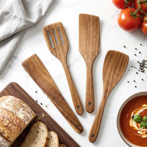 Non Toxic Wooden Spatula for Cooking Utensil Set Acacia Wood Spatula Set | 4 Pack Bamboo Cooking Spoon Flat Slotted Turner Spatulas for Kitchen Use Cast Iron Scraper Spurtle Thin Egg Flipper Spatula - color: 4Pcs-Spatula