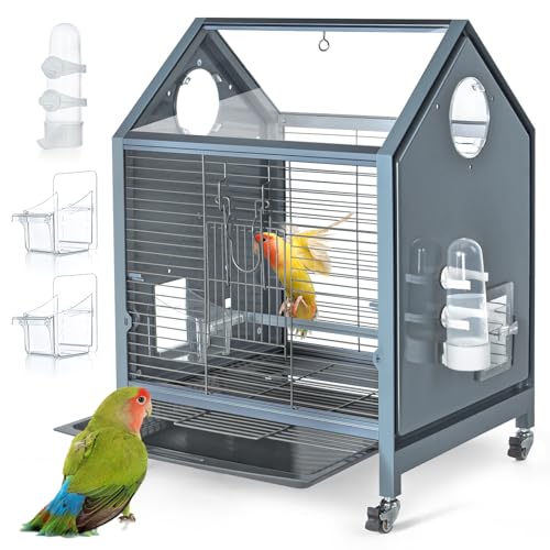 Acrylic Bird Cage, 25 inch Medium Parrot Cage for Parakeet Cockatiel Conure Lovebird, Panoramic View Bird Cage with Water Bottle Bird Feeder Perch Rolling Stand