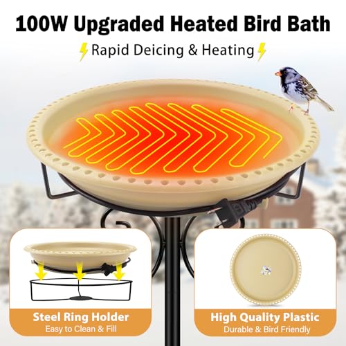Daoeny Heated Bird Bath for Winter, Upgraded 100W Heated Bird Baths for Outdoors Thermostat Control with 5-Prong Metal Base, Heated Bird Bath for Outside Winter Garden Patio Yard Lawn (Khaki) - color: Khaki
