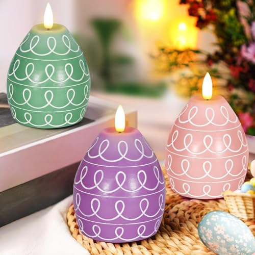 3PCS Easter Egg Flameless Candles – 5.2" Battery Operated LED Egg Candles with White Wave Pattern, Green Purple Pink Real Wax Finish, Flickering Flame for Easter Table Centerpiece Spring Home - color: purple, pink, green
