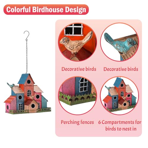 Large Bird House for Outside Hanging, Metal Bird Houses for Outside with 6 Compartments for Birds to Nest in, Durable Colorful Birdhouse with Easy Clean Back Doors, Escape Holes & Ventilation
